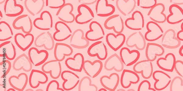 Obraz Seamless pattern with crayon hand drawn red hearts on pink background. Hand painted ink brush strokes. Vector grunge romantic backdrop.