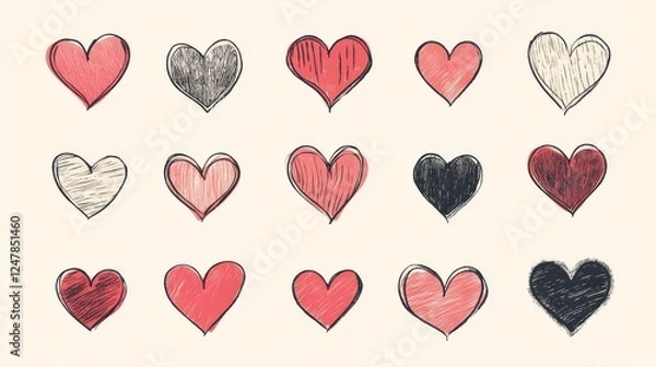 Fototapeta 16121056 15 15.A collection of hearts in various styles, from bold solid shapes to delicate line art, featuring soft corners and uniform spacing, displayed against a clean, neutral background.