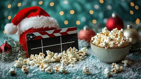 Fototapeta A festive scene with a Santa hat, clapperboard, and popcorn on a green background, capturing the fun and excitement of a Christmas movie night with loved ones.