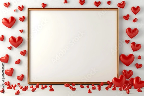Fototapeta A decorative frame surrounded by floating red hearts, ideal for romantic or celebratory messages.