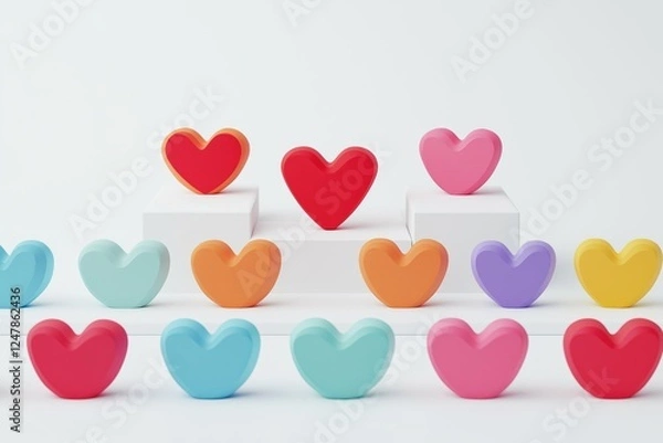 Obraz Valentine Colorful Hearts 3D Render on White Background for Love Theme