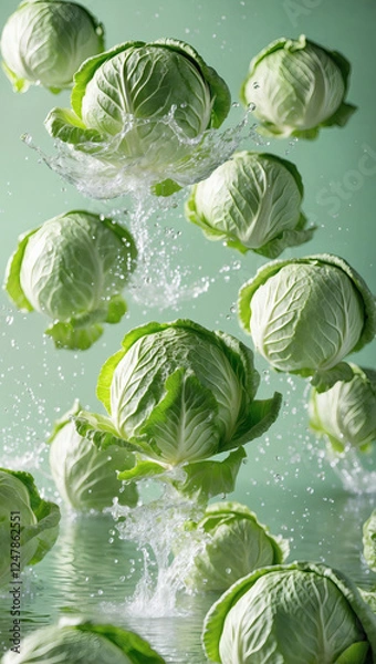Fototapeta Fresh heads of leafy green vegetables are suspended mid-air, some are splashing, against a vibrant, light green studio backdrop.