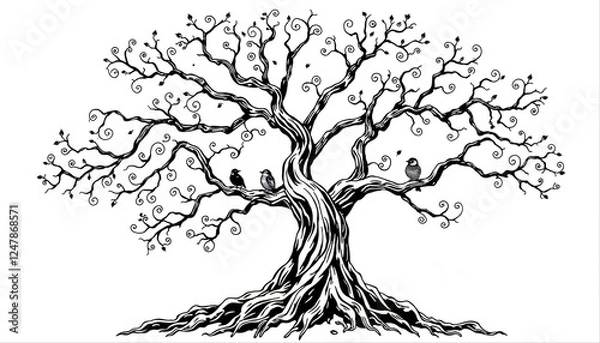 Obraz Intricate black and white tree with twisted branches and perched birds.