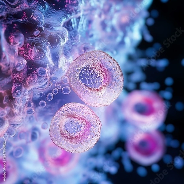 Fototapeta Colorful microscopic view of cells illuminated with vibrant light patterns.