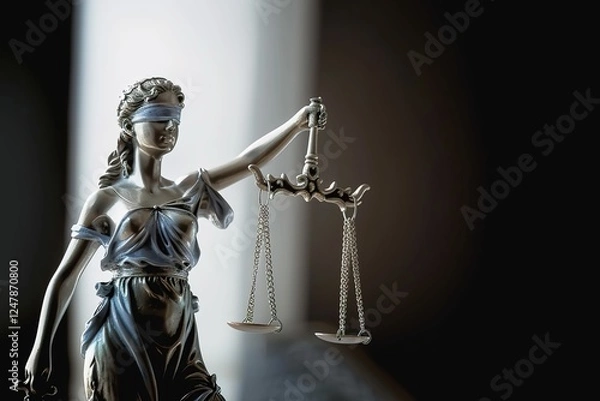 Fototapeta Statue of justice Goddess Themis on blurred background. Symbol of law. With copy space.