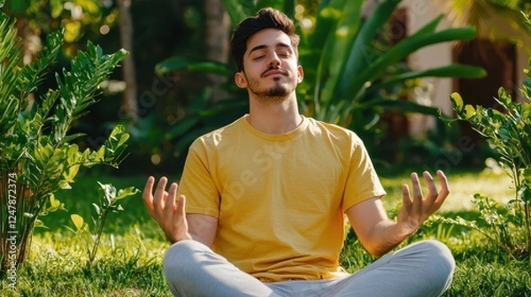 Obraz A young man meditates outdoors, surrounded by greenery, conveying a sense of peace and mindfulness.