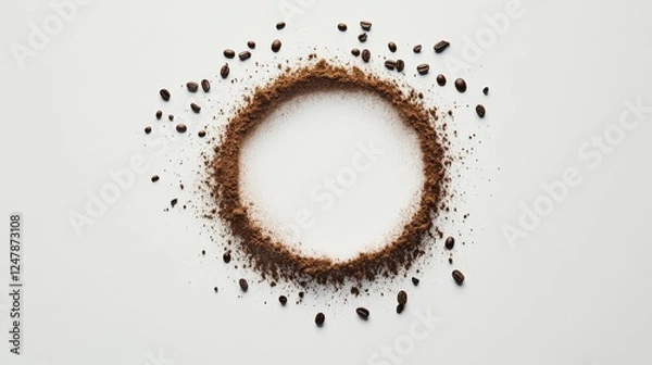 Fototapeta Artful coffee ring, dancing coffee beans, dusty powder circle, clean white surface, minimal food photography, orbital composition, suspended particle effect, top view aesthetic