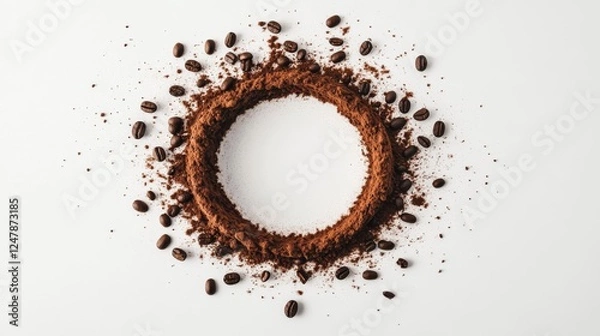 Fototapeta Artful coffee ring, dancing coffee beans, dusty powder circle, clean white surface, minimal food photography, orbital composition, suspended particle effect, top view aesthetic