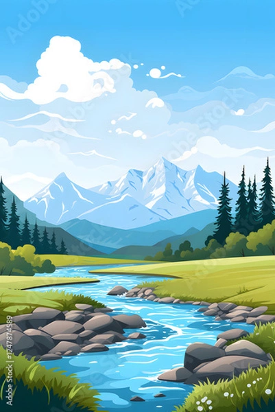Obraz Digital mountain and river illustration graphic poster background