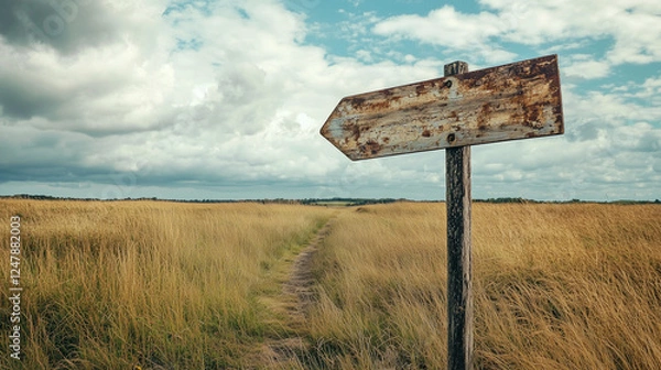 Obraz An old, rustic signpost at a crossroads, pointing to distant, exotic places.