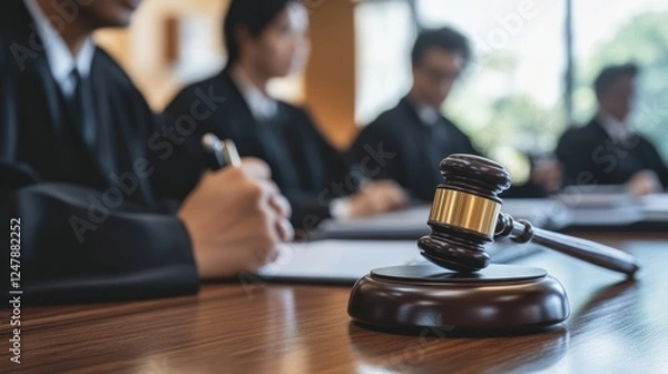 Fototapeta Appeals court, a legal team presenting an appeal to a bench of judges