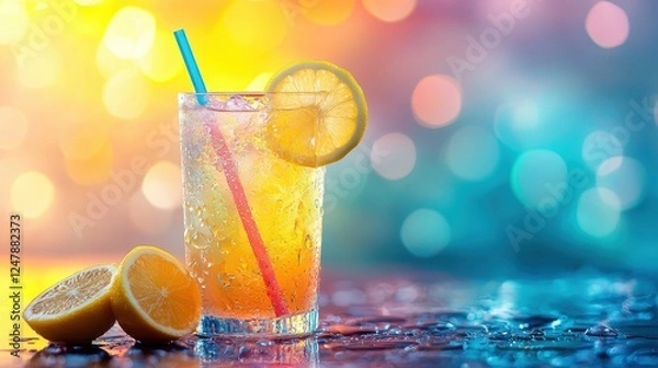 Obraz A refreshing lemonade drink in a glass, garnished with lemon slices and a straw, set against a colorful, bokeh background.