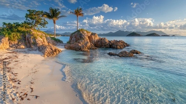 Fototapeta Secluded tropical beach at sunrise, clear water, palm trees, rocks.