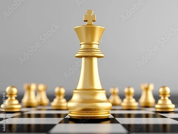 Fototapeta A golden king chess piece stands prominently on a checkered board, surrounded by pawns, symbolizing strategy and competition in chess.