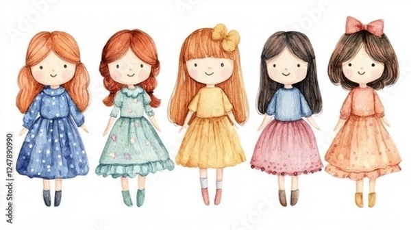 Fototapeta Cute Hand-Drawn Girls in Colorful Dresses with Cheerful Expressions