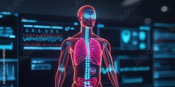 Fototapeta Futuristic visualization of human anatomy with digital interface.