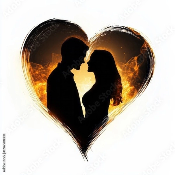 Fototapeta A couple silhouette inside a heart with soft glowing edges, showing love and warmth