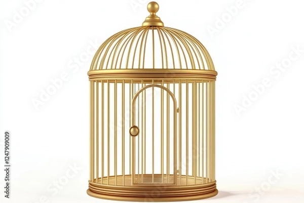 Fototapeta Elegant Gold Birdcage on a White Background with Open Door and Decorative Top for Stunning Visual Appeal