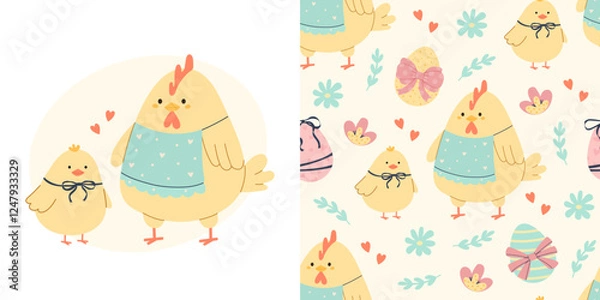 Obraz Easter pattern with chicken, little chick and eggs