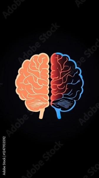 Fototapeta Vibrant illustration of a brain split into warm and cool colors against a black background