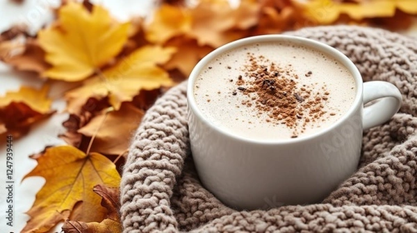 Fototapeta Indulge in cozy autumn comfort at home! a warming cashmere plaid, a cup of hot cocoa, and maple foliage on a white isolated background has copyspace available for text or adverts.