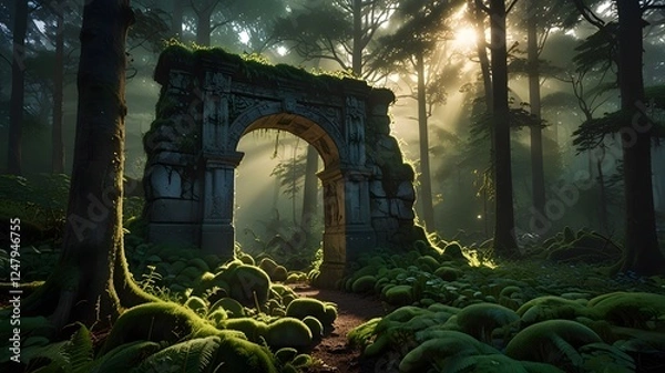 Obraz A rustic wooden gate stands at the edge of a lush green forest, inviting exploration into the enchanting wilderness beyond.  