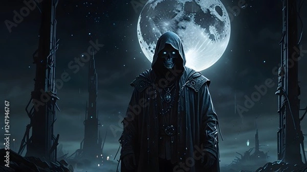 Obraz The Grim Reaper looms ominously before a glowing full moon, casting a shadowy figure against the night sky