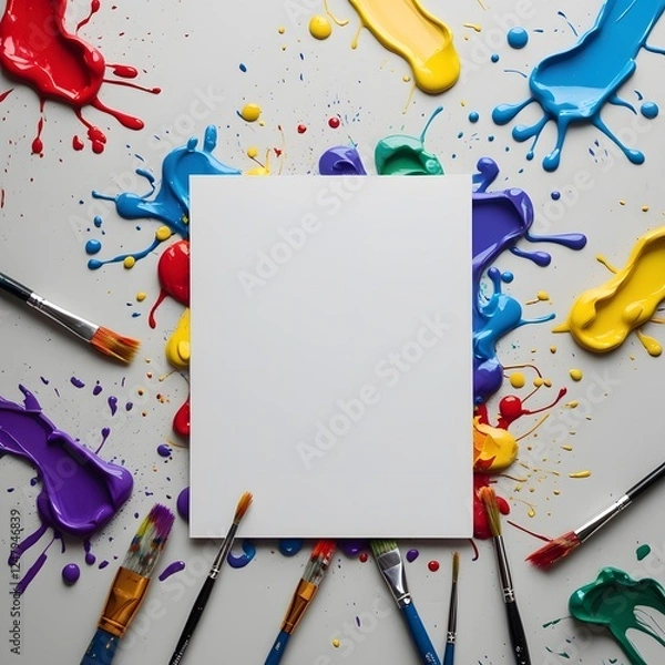 Obraz A vibrant array of paint splashes and brushes scattered on a clean white background, showcasing creativity and color.