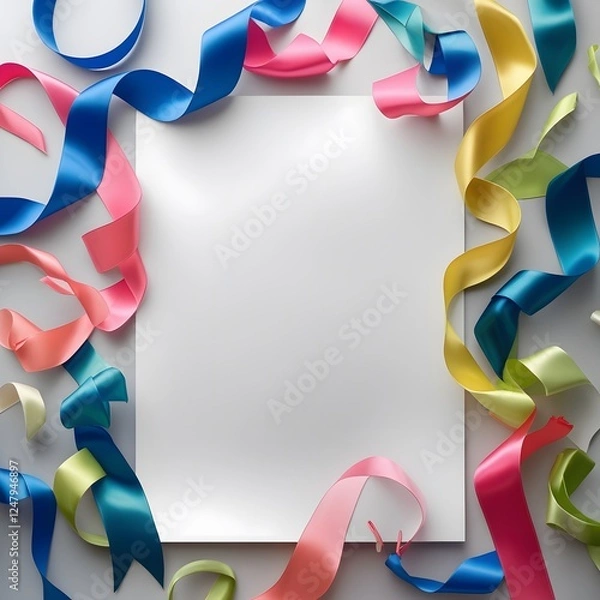 Obraz Colorful ribbons and crumpled paper scattered on a soft gray background, creating a playful and artistic composition.  