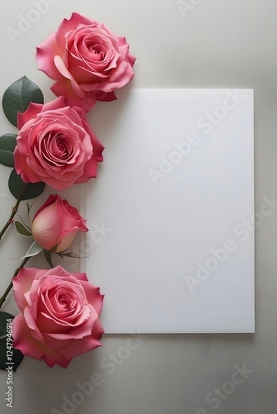 Obraz A cluster of pink roses beside a blank card, set against a soft gray background, inviting heartfelt messages.