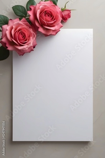 Obraz A blank white card adorned with delicate pink roses, set against a soft gray background, inviting creativity and expression.