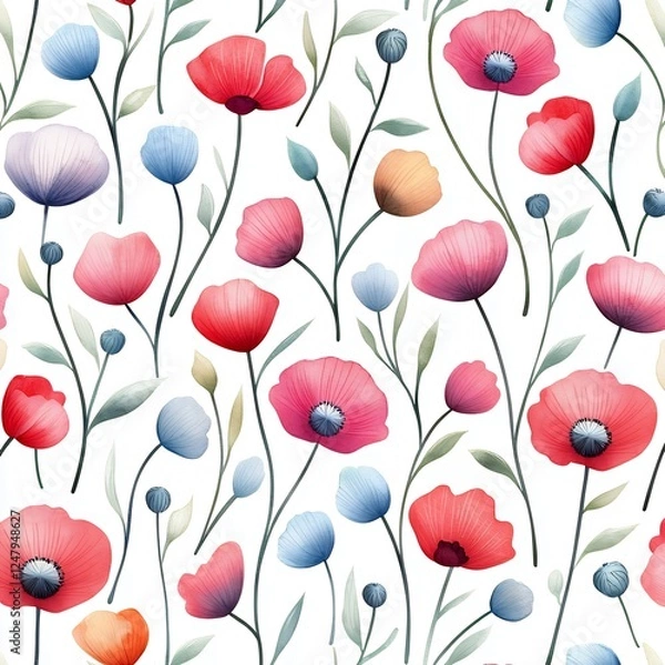 Obraz Colorful Floral Poppy Pattern On White Background