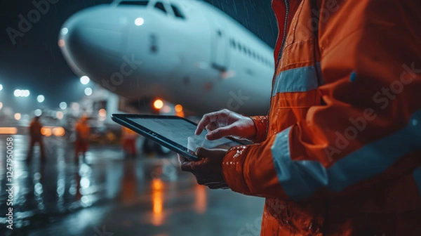 Fototapeta A ground crew member checks data on a tablet near an airplane at night.