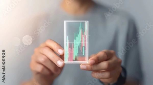 Fototapeta Man holding smartphone displaying growth chart, mobile finance app for investment analytics