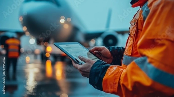 Fototapeta Airline worker checking flight data on a tablet in rainy airport environment.