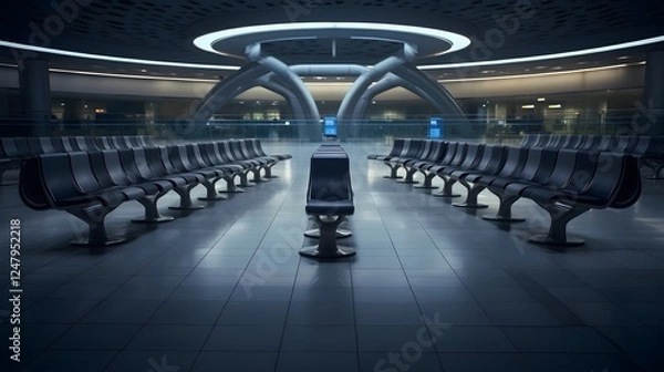 Obraz Serene and minimalist airport waiting area with socially distanced seats for passengers providing a calm and safe environment for travelers during the pandemic  The image depicts an empty