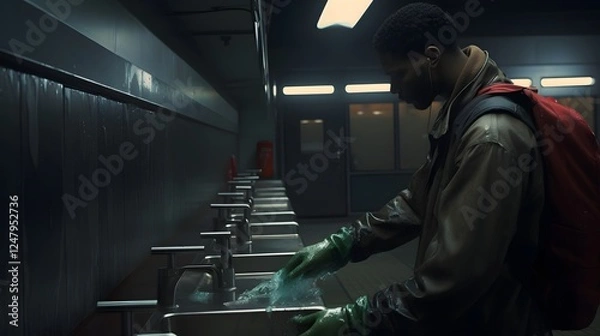 Obraz Passenger cleaning and sanitizing their hands at a touchless sanitation station before boarding a flight or other mode of transportation