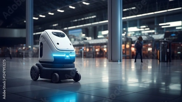 Fototapeta Automated Disinfection Robot Cleaning Airport Terminal Floors for Efficient Sanitization and Maintaining a Hygienic Public Space