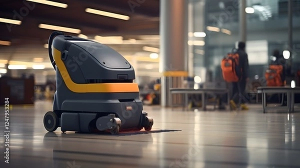 Obraz Automated disinfection robot cleaning and sanitizing the floors of an airport terminal to maintain a clean hygienic and safe environment for passengers and staff