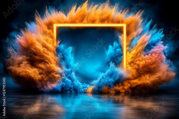 Fototapeta A large explosion of colorful smoke and fire is captured in a frame. The explosion is so large that it covers the entire frame, leaving only a small square of blue and orange in the center