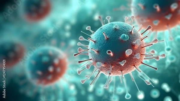 Obraz Conceptual of Microscopic Viral Respiratory Droplets Spreading Infectious Disease Outbreak and Pandemic  Abstract Biology Science Background with Molecular Cells and Particles