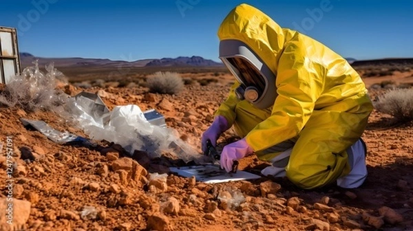 Fototapeta Scientist wearing a protective hazmat suit carefully collecting samples for HMPV virus research in a sterile laboratory environment