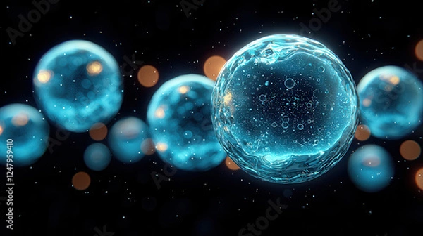 Fototapeta A stunning visualization of microscopic cells in vibrant blue hues, showcasing the complexity of cellular structures against a dark background. Copy space for text