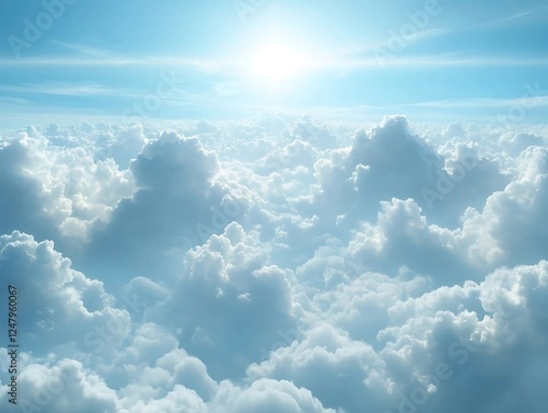 Fototapeta High-altitude view of fluffy clouds with bright sun