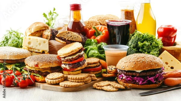 Fototapeta Picnic or dinner food set. Cartoon vector illustration of variouos fast meals - sandwich, cheese and coockies, vegetables and fruits, bottle with wine, plastic cup and knife. Fresh eating for buffet.
