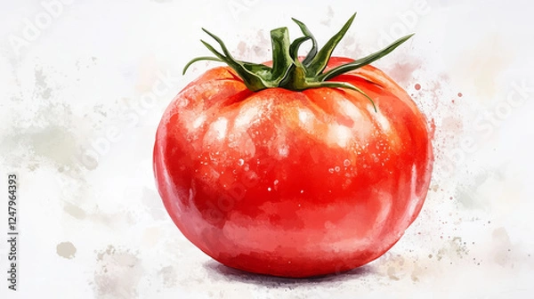 Obraz Red tomato with water drops in watercolor painting style.