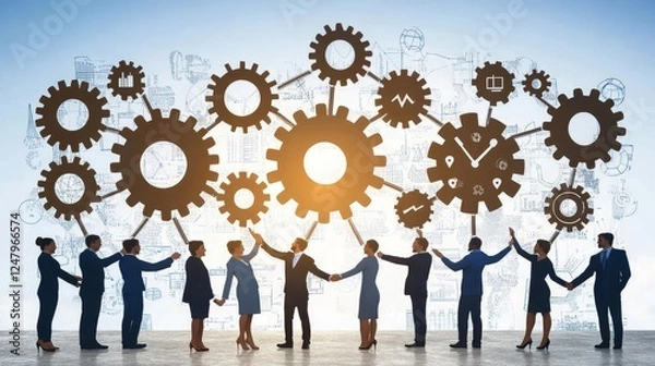 Fototapeta Teamwork Synergy Interlocking Gears Collaborative Business Success Global Network