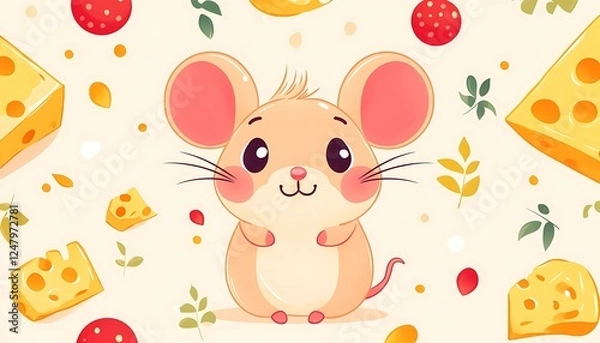 Obraz Cute mouse surrounded by cheese and berries