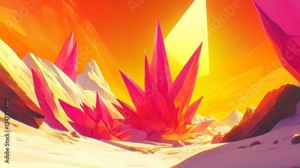 Obraz Vibrant Crimson Crystal Formations in a Sunlit Desert Landscape  Abstract Digital Painting