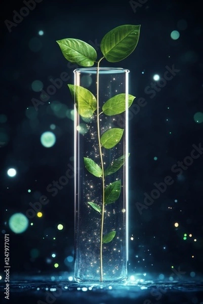 Fototapeta Plant sprout in test tube, lab, glowing background, research
